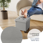 Storage Ottoman Cube with Small Bin, 15-in Square Ottoman with Storage for Living Room and Bedroom, Small Ottomans Foot Rest, Leather Foot Stools Ottomans Max 330lbs, Light Grey