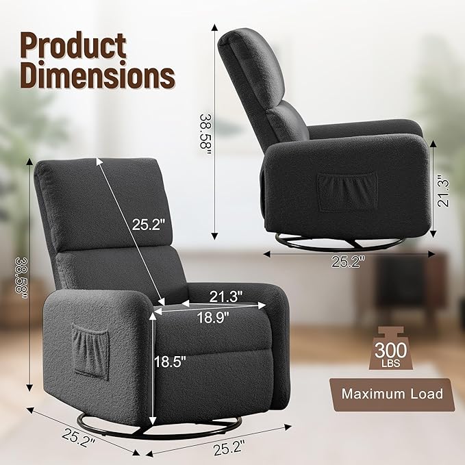360° Rocking Chair, Nursery Rocker Chair with Side Pockets, Glider Nursing Chair with Steel Structure Base, Small Chair for Small Spaces, Sherpa Swivel Accent Chairs for Living Room, Nursing