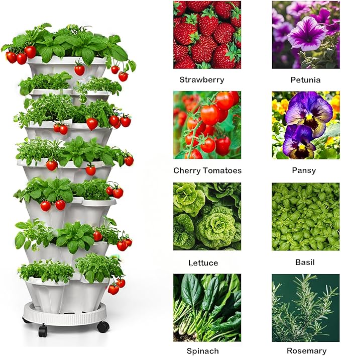 7 Tiered Strawberry Planters 3 Pack, Vertical Stackable Planter, Herb Stacking Tower Garden, Flower and Vegetable Planters with Support Pole Indoor & Outdoor with Removable Wheels - White