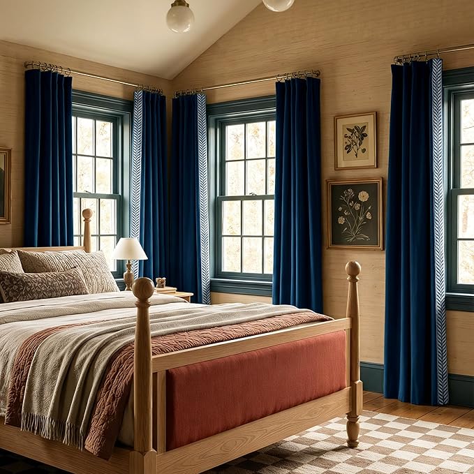 NICETOWN Rod Pocket Embroidered Trim Velvet Curtains, 2 Panels, Navy Blue, Velvet Curtains 96 inches Long, Soft and Elegant Heavy Matt Solid Thermal Insulation Drapes for Bedroom, Living Room