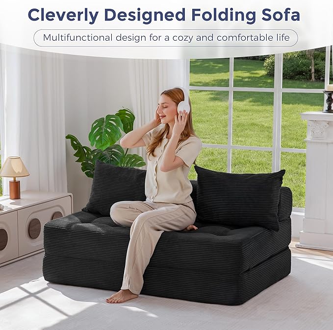 MAXYOYO Folding Sofa Couch, Convertible Floor Sleeper Couch with 2 Pillows, Tufted Floor Loveseat Couch Tufted Fold Out Chair Bed Comfy Sofa Lounge for Living Room Bedroom, Black