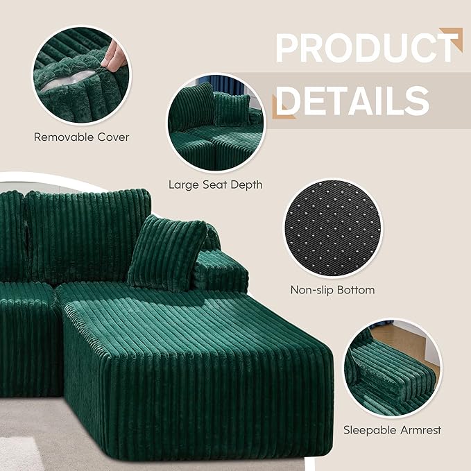 Modular Sectional Sofa Couches L-Shape Couch 3 Seat Modular Sofa Memory Foam Sectional Couches for Living Room, Cloud Couch with Oversized Chaise (Green Stripe, 108" Right Facing Chaise)