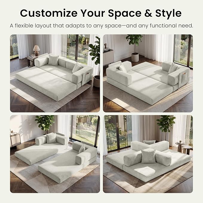 78.8" Convertible Sofa Bed,Corduroy Futon Couch with Storage Pocket,Folding Pull Out Futon Sofa,No Assembly Boneless Couch for Living Room, White | futon sofa bed, sofa, couch, loveseat, convertible sofa, boneless couch