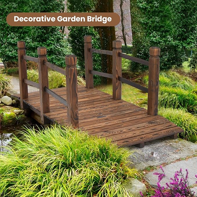 HAPPYGRILL 5FT Wooden Garden Bridge, Decorative Pond Landscaping Bridge with Classic Arc Footbridge & Double Safety Railings, Garden Bridges for Outdoors, Backyard, Garden Farm (Brown)