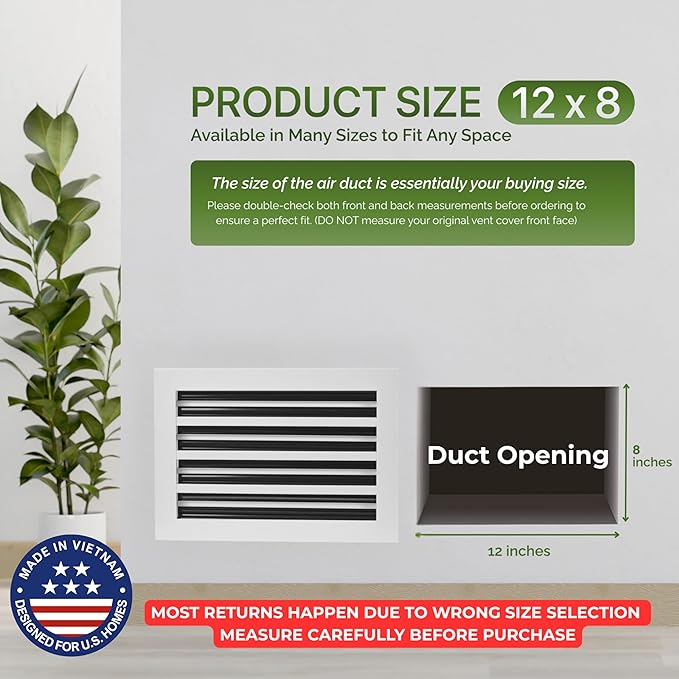 Modern Air Vent Cover 12x8 (Duct Opening) - Decorative White Aluminum Linear Slot Diffuser for Wall, Ceiling, Floor Register - Quiet Operation HVAC Grille for Home with Adjustable Airflow