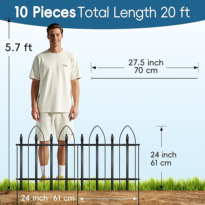 Garden Fence 24" W x 24" H (10 Panels, Total 20 ft), Metal Fence Decorative Border Fence, Rustproof Landscape Fencing for Dog, Flower Bed, Yard, Patio, Animal Barrier