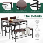 Shintenchi Kitchen Table Chairs Set of 4, Dining Table Set for 4 with Bench and Chairs, 4 Pieces Kitchen Table Set with Storage Rack & Metal Frame for Small Space, Dark Walnut