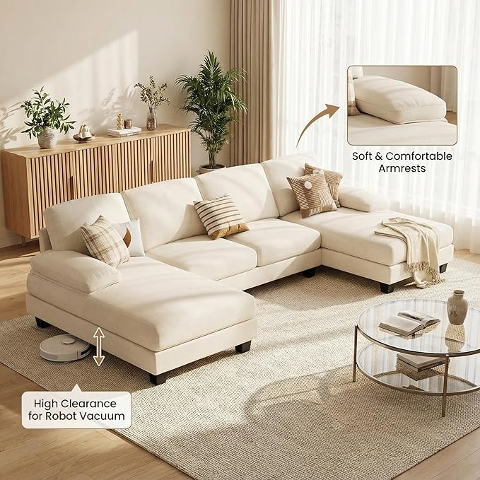 Homall Sectional U Shaped Sofa Couches for Living Room, Comfy Chenille 4 Seat Sofa Set with Removable Pillows, Lounge Chaise Upholstered Couch for for Apartment (Chenille, White)