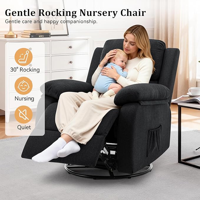 Recliner Chair, 360 Swivel Rocker Chair for Adults, Small Rocking Recliner for Small Spaces, Upholstered Fabric Glider Recliner Nursery