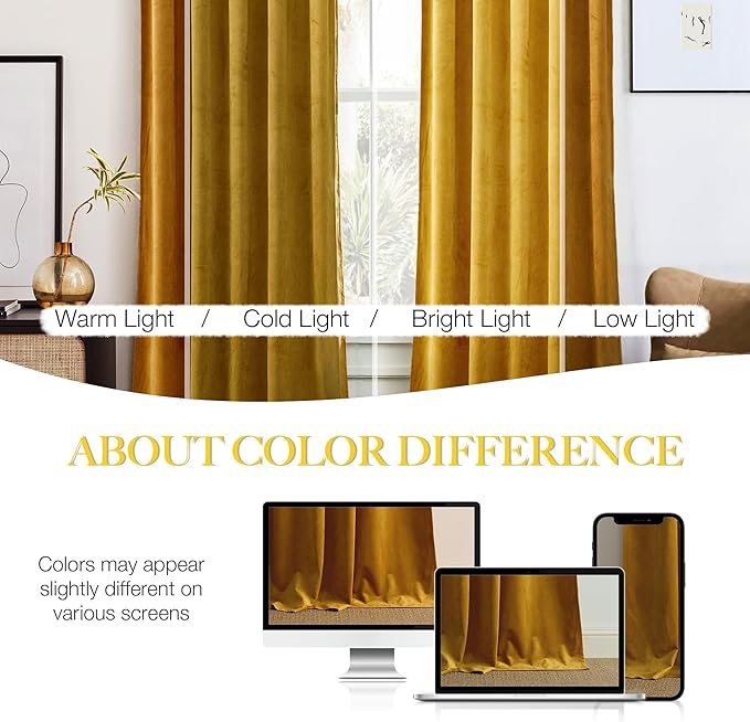 NICETOWN Mustard Gold Velvet Curtains 96 inch Long for Living Room, Office, Bedroom - Room Darkening Luxury and Warm Cat Proof Drapes, Rod Pocket Design, W52 x L96, Set of 2