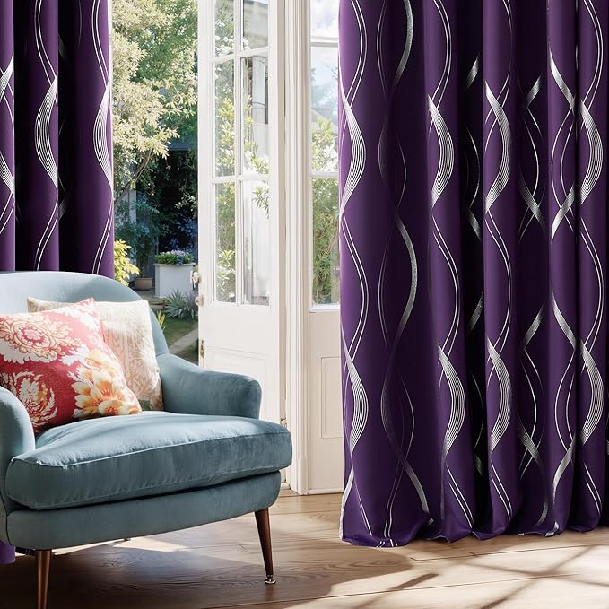 NICETOWN Royal Purple Blackout Curtains 84 inch Long for Living Room, Gothic Vibe for Wave Line Foil Print Design Drapes for Home Decoration Wall Cover, 2 Panels