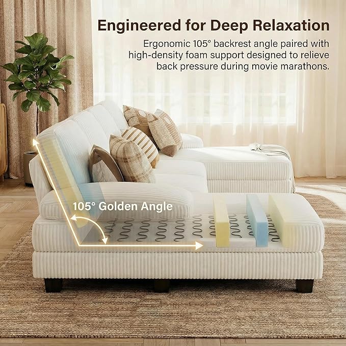 Homall Sectional U Shaped Sofa Couches for Living Room, Comfy Corduroy 4 Seat Sofa Set with Removable Pillows, Lounge Chaise Upholstered Couch for for Apartment (Corduroy, Beige)