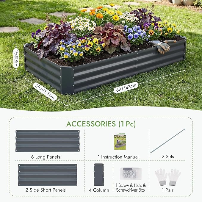 INNO STAGE Galvanized Raised Garden Bed Kit, 6x3x1FT Metal Raised Garden Beds for Vegetables, Rust-Resistant & Easy Assembly, Outdoor Raised Beds for Gardening, Flowers, Herbs (Grey)