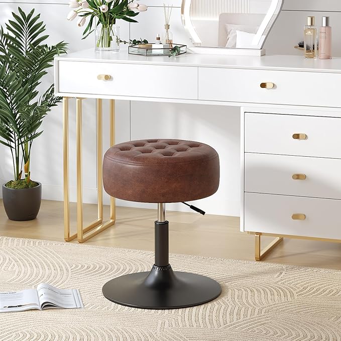 Furniliving Mid-Century Tufted Adjustable Swivel Makeup Ottoman Stool; Modern Big Size Round Vanity Stool Chair for Bedroom Living Room (Darkbrown)