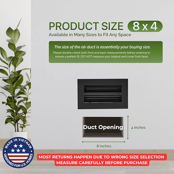 Modern Air Vent Cover 8x4 (Duct Opening) - Decorative Black Aluminum Linear Slot Diffuser for Wall, Ceiling, Floor Register - Quiet Operation HVAC Grille for Home with Adjustable Airflow