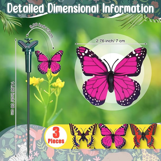 3 Pcs Solar Flying Moving Fluttering Waterproof Garden Stakes Decorations for Home Yard Pathway Garden Landscape Christmas Outdoor Indoor Centerpieces Gift Decorations (Butterfly)