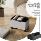 Storage Ottoman Cube with Small Bin, 16-in Square Ottoman with Storage for Living Room and Bedroom, Small Ottomans Foot Rest, Fabric Foot Stools Ottomans Max 330lbs, Light Grey
