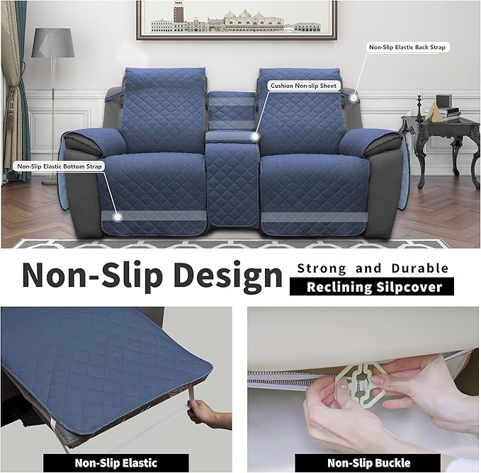 Easy-Going Loveseat Recliner Cover with Console, Reversible Couch Cover for Living Room, Split Sofa Cover for Each Seat with Elastic Straps for Kids, Dogs, Pets(2 Seater, Dark Blue/Light Blue)