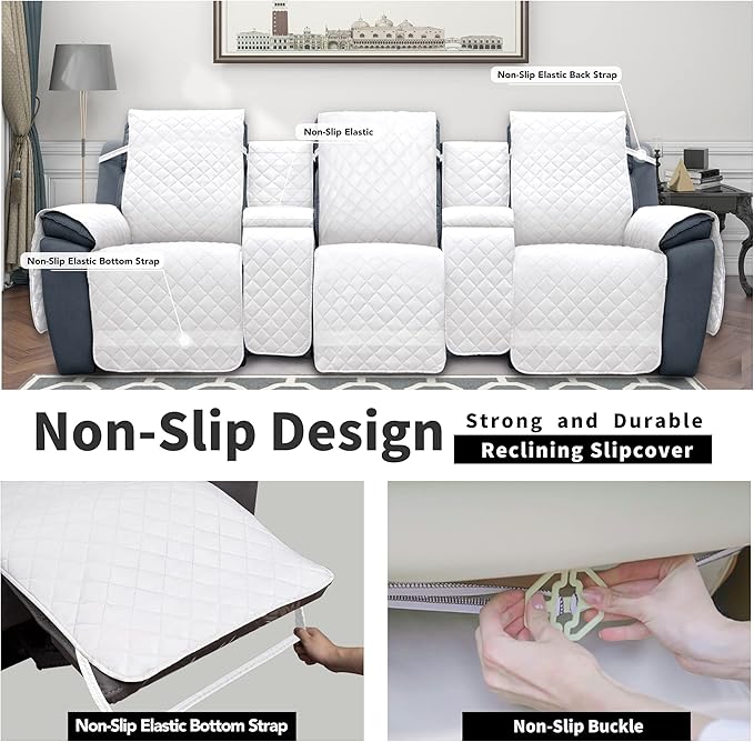 Easy-Going Recliner Sofa Cover with Console, Reversible Couch Cover for Living Room, Split Sofa Cover for Each Seat with Elastic Straps for Kids, Dogs, Pets (3 Seater, White/White)