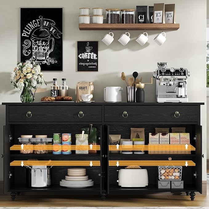 4 EVER WINNER Buffet Cabinet with Storage, 55" Black Sideboard Buffet Cabinet with Drawers and Doors, Coffee Bar for Dining Room
