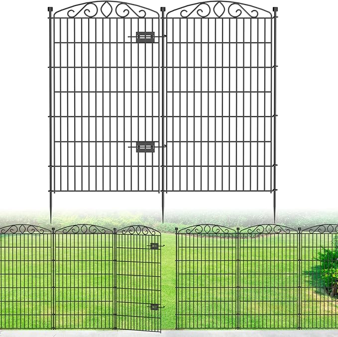 10 Panel No Dig Decorative Garden Fence with Gate - 48in H x 23.2 ft L,Dog Fence Outdoor for Yard,Tall Animal Barrier for Dogs Rabbits, Rustproof Metal Wire Panels for Yard,Patio, Flower Bed