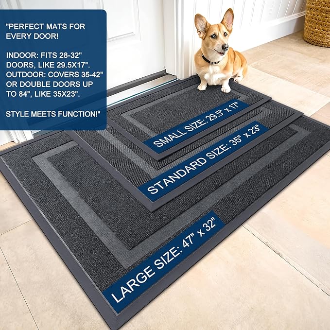 OLANLY Front Door Mat Indoor Outdoor Entrance, Waterproof All-Season, All-Weather Doormat, Sturdy Natural Rubber, Fade Resistant, Low Profile, Easy Clean Patio Porch Entryway Mat, 47x23, Grey