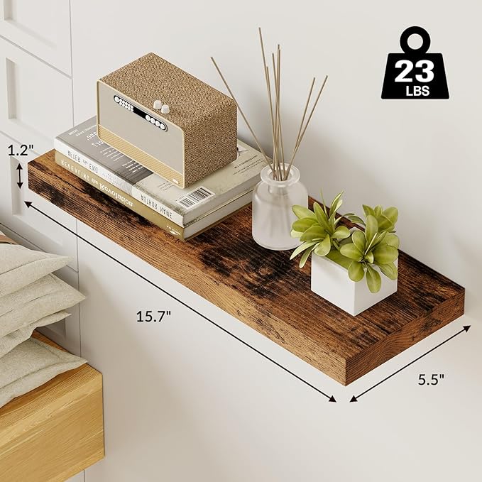 Fixwal 15.8in Floating Shelves, Set of 6 Wood Shelves, Farmhouse Shelf Wall Decor for Bathroom, Bedroom, Living and Kitchen Room (Rustic Brown)
