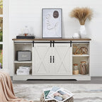 AMERLIFE Fireplace TV Stand with Sliding Barn Door for TVs up to 65", Farmhouse 59" Fireplace Entertainment Center with Storage Cabinets/Adjustable Shelves, Distressed White & Barnwood