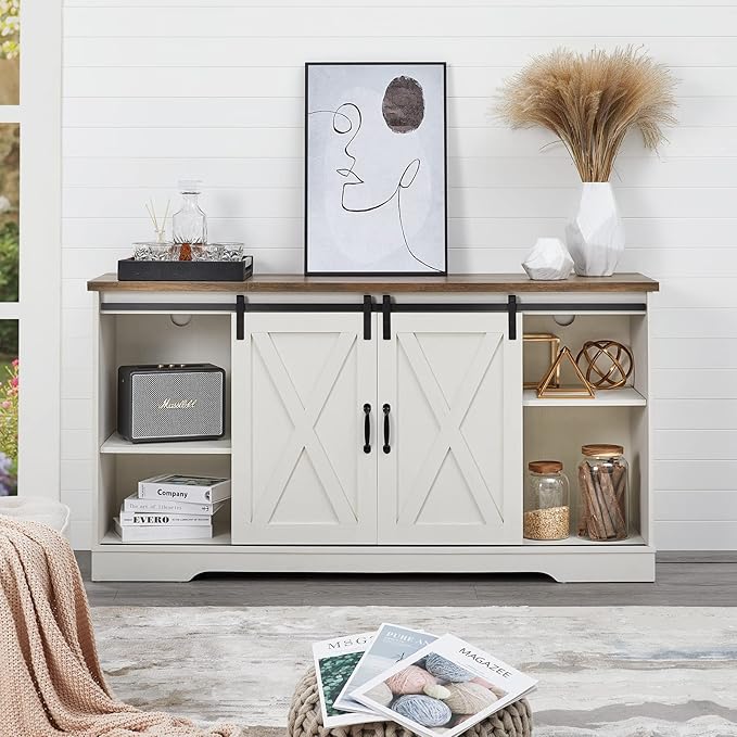 AMERLIFE Fireplace TV Stand with Sliding Barn Door for TVs up to 65", Farmhouse 59" Fireplace Entertainment Center with Storage Cabinets/Adjustable Shelves, Distressed White & Barnwood