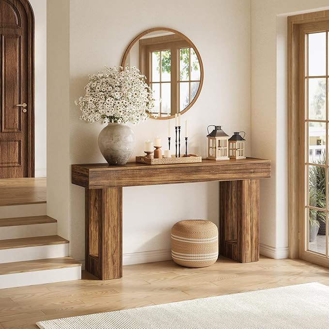 LITTLE TREE 63-Inch Long Console Tables for Entryway, Large Sofa Table Behind Couch, Wooden Entry Foyer Hallway Table, Industrial Console Sofa Tables for Living Room, Rustic Brown
