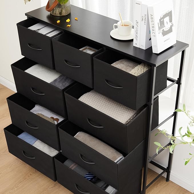 Dresser for Bedroom with 9 Drawers, Anti-Tip Tall Fabric Chests Storage Organizer Tower Furniture with Wooden Top Metal Frame for Clothes, Closet, Living Room, Hallway, Entryway