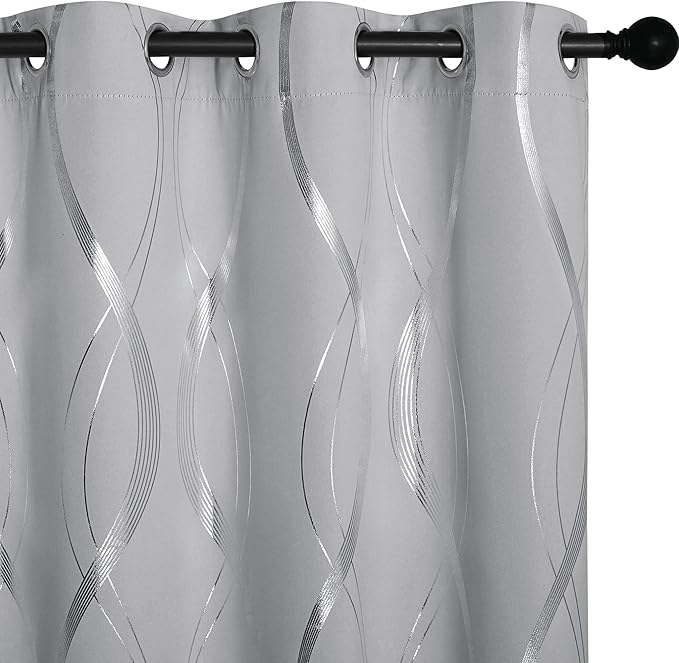 NICETOWN Blackout Curtains 72 inches Long, Silver Grey, 2 Panels, 34 x 72 Inch, Microfiber Noise Reducing Thermal Insulated Wave Line Foil Print Design Blackout Curtains for Patio Sliding Glass Door
