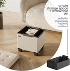 Storage Ottoman Cube with Small Bin, 15-in Square Ottoman with Storage for Living Room and Bedroom, Small Ottomans Foot Rest, Leather Foot Stools Ottomans Max 330lbs, Beige