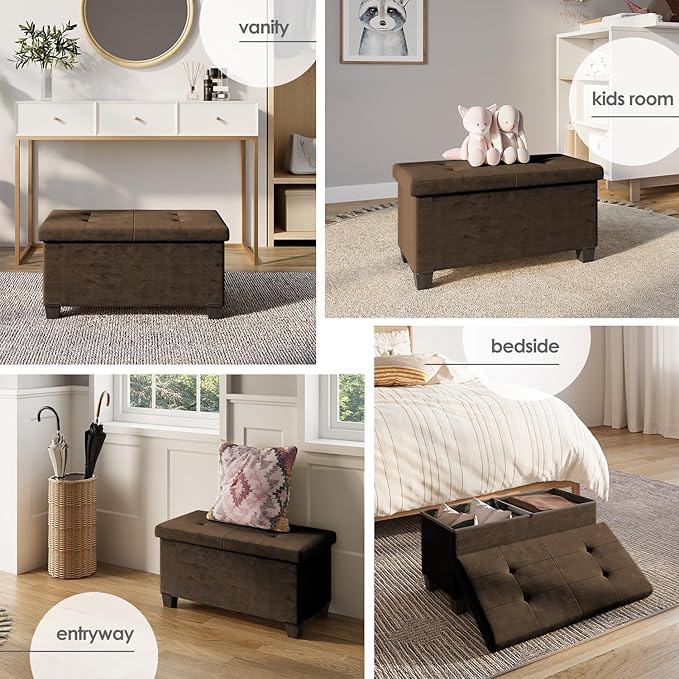 Storage Ottoman Bench with Bins, 30-in Storage Bench for Bedroom End of Bed, Folding Foot Rest Ottoman for Living Room Max 660lbs, Velvet Ottomans, Brown