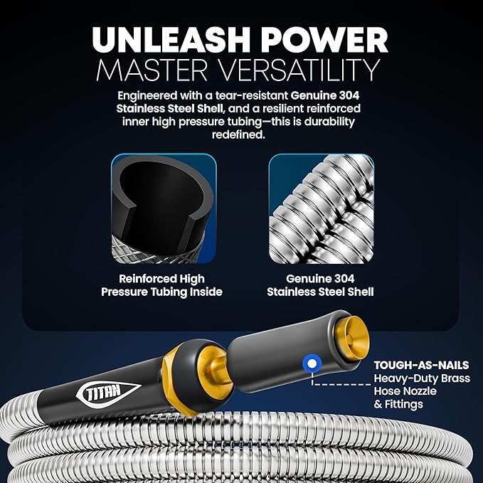 TITAN Garden Hose 200FT - 304 Stainless Steel Metal Water Hose, Flexible, Kink-Free, Lightweight, Durable, Crush Resistant Fittings, Easy to Coil, 500 PSI