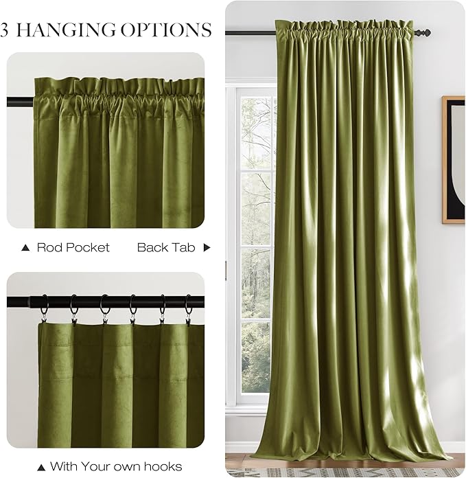 NICETOWN Moss Green Velvet Drapes 120 inch Long for Living Room - Room Darkening Thermal Insulated Noise Reducing Curtains for Film, Extra Long Drapes for Large Door Windows (2 Panels, 52 x 120),