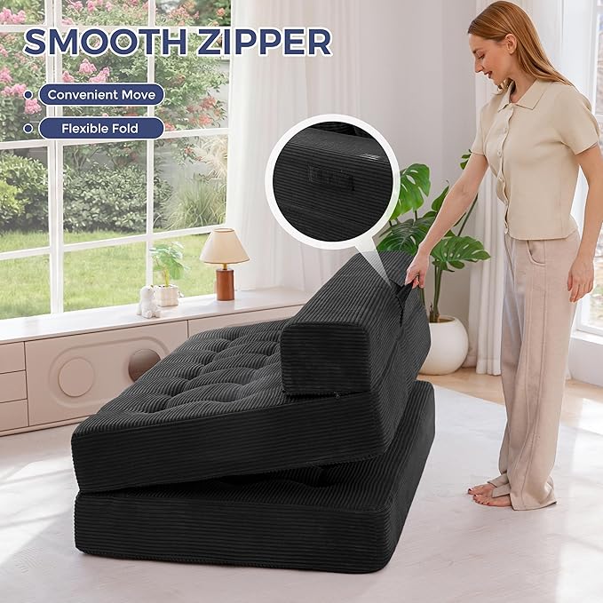 MAXYOYO Folding Sofa Couch, Convertible Floor Sleeper Couch with 2 Pillows, Tufted Floor Oversized Loveseat Couch Tufted Fold Out Chair Bed Comfy Sofa Lounge for Living Room Bedroom, Black