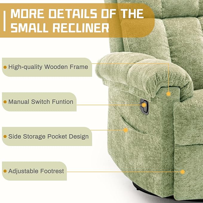 Recliner Chair, Swivel Rocker Recliner Chair for Adults, Small Recliners for Small Spaces, Upholstered Manual Recliner with Side Pockets, Nursery Rocking Chair for Living Room, Chenille, Green