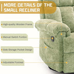 Recliner Chair, Swivel Rocker Recliner Chair for Adults, Small Recliners for Small Spaces, Upholstered Manual Recliner with Side Pockets, Nursery Rocking Chair for Living Room, Chenille, Green