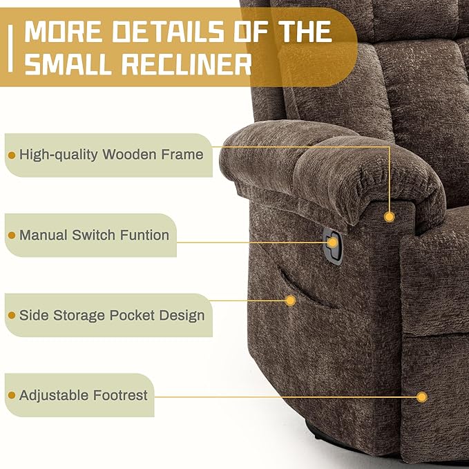 Recliner Chair, Swivel Rocker Recliner Chair for Adults, Small Recliners for Small Spaces, Upholstered Manual Recliner with Side Pockets, Nursery Rocking Chair for Living Room, Chenille, Brown