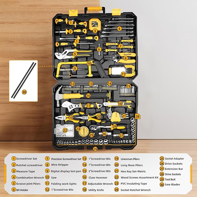 218 Piece Tool Kit for Home, Tool Box with General Household Hand Tools Set, Herramientas with Screwdrivers, Wrenches, Hammer, Bow Saw, Folding Work Lamp, Electric Pen and Other Basic Tool Kit