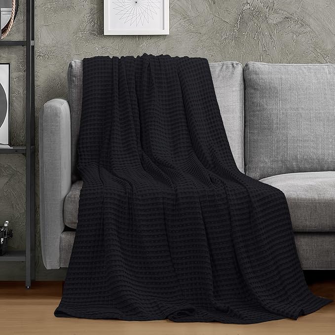 Utopia Bedding Black 100% Cotton Waffle Blanket 300 GSM [Twin - 90x72 Inch] Soft Lightweight Breathable Dorm Bed Blanket for All Season