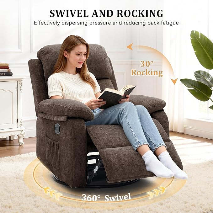 Recliner Chair, 360 Swivel Rocker Chair for Adults, Small Rocking Recliner Chair for Small Spaces, Upholstered Chenille Fabric Glider Recliner Nursery Chair with Side Pockets for Living Room