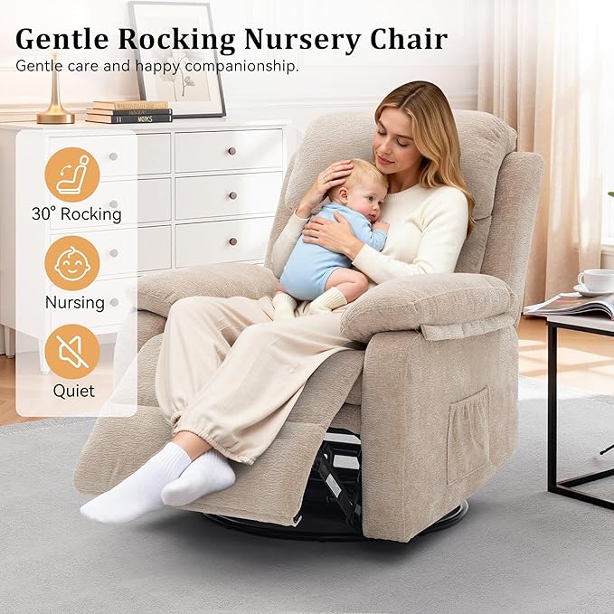 Recliner Chair, 360 Swivel Rocker Chair for Adults, Small Rocking Recliner Chair for Small Spaces, Upholstered Chenille Fabric Glider Recliner Nursery Chair with Side Pockets for Living Room