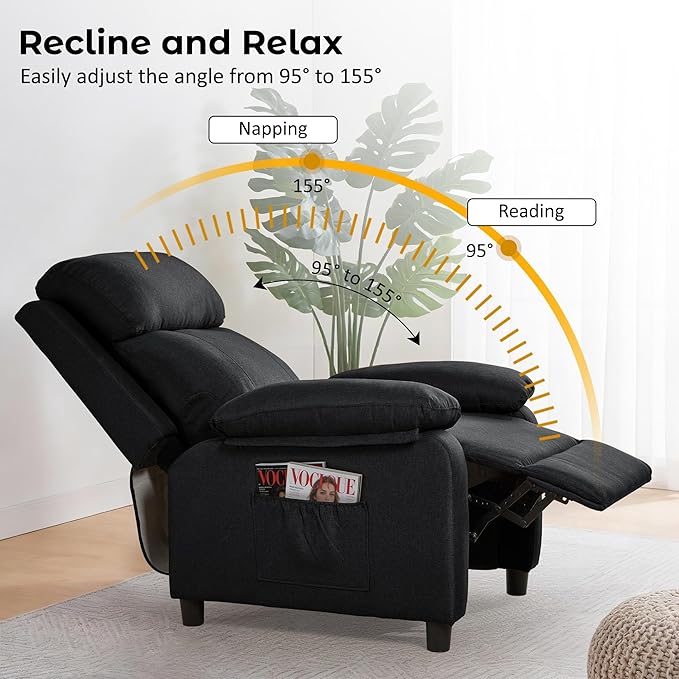 Recliner Chair, Reading Chair for Adults with Side Pockets, Recliners with Padded Deep Seat, Small Recliners for Small Spaces, Linen Fabric Comfy Chair for Bedroom, Living Room, and RV