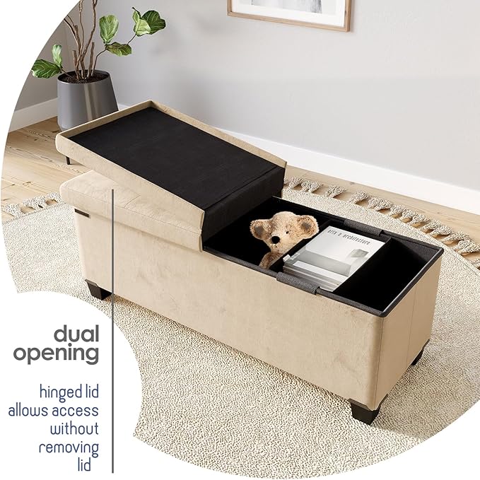 Storage Ottoman Bench with Bins, 43-in Storage Bench for Bedroom End of Bed, Folding Foot Rest Ottoman for Living Room Max 660lbs, Velvet Ottomans, Beige