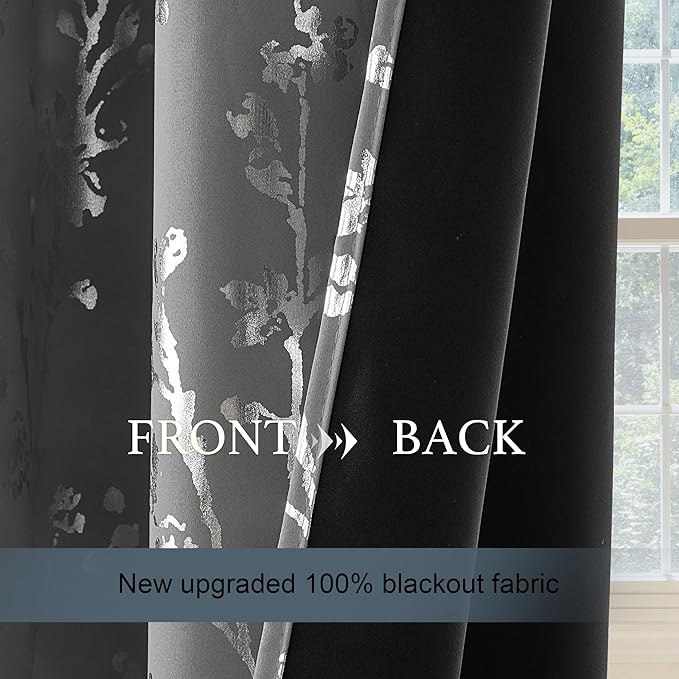 NICETOWN 100% Blackout Curtains 84 inches Long, Grommet Floral Branch Curtains Foil Printed Window Treatments Thermal Curtains for Bedroom/Living Room, Grey, W52 x L84, 2 Panels