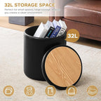 Round Ottoman with Storage Set of 2, 12.6" W x 14.17" H & 14.76" W x 17.32" H Faux Leather Storage Ottoman for Living Room Bedroom, Small Coffee Table Padded Ottoman, Black