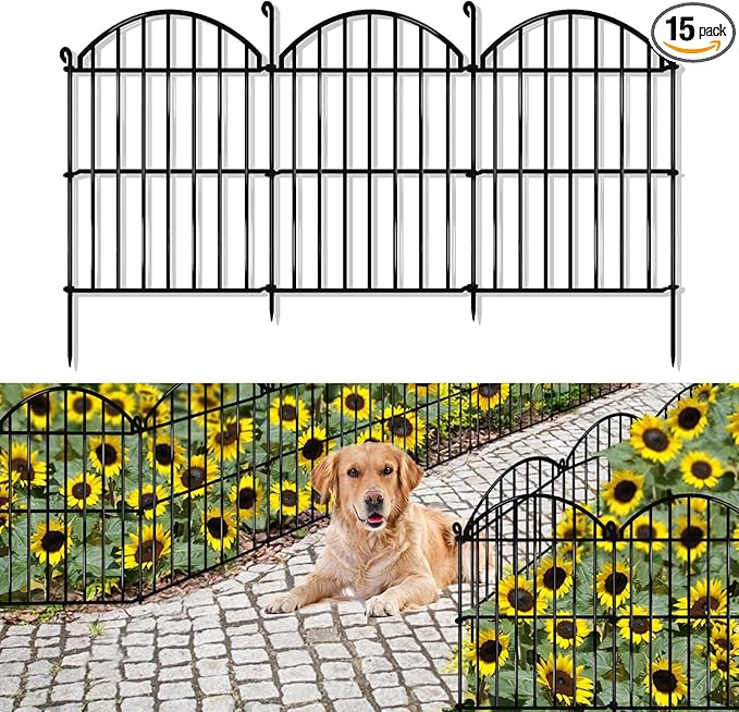 15 Panels Decorative Garden Fence, 15.94ft x 23in Animal Barrier Fencing Arched Rustproof Metal Border Ground Stake for Rabbit Dog, Outdoor Decor for Yard & Patio