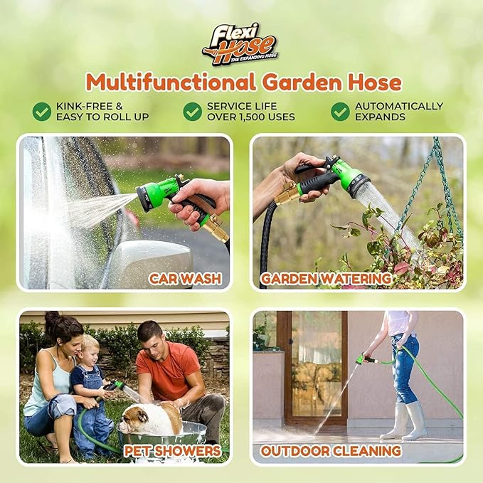 Flexi Hose with 8 Function Nozzle, 75FT - Lightweight Expandable Garden Hose, No-Kink Flexibility, 3/4 Inch Solid Brass Fittings and Double Latex Core - Green